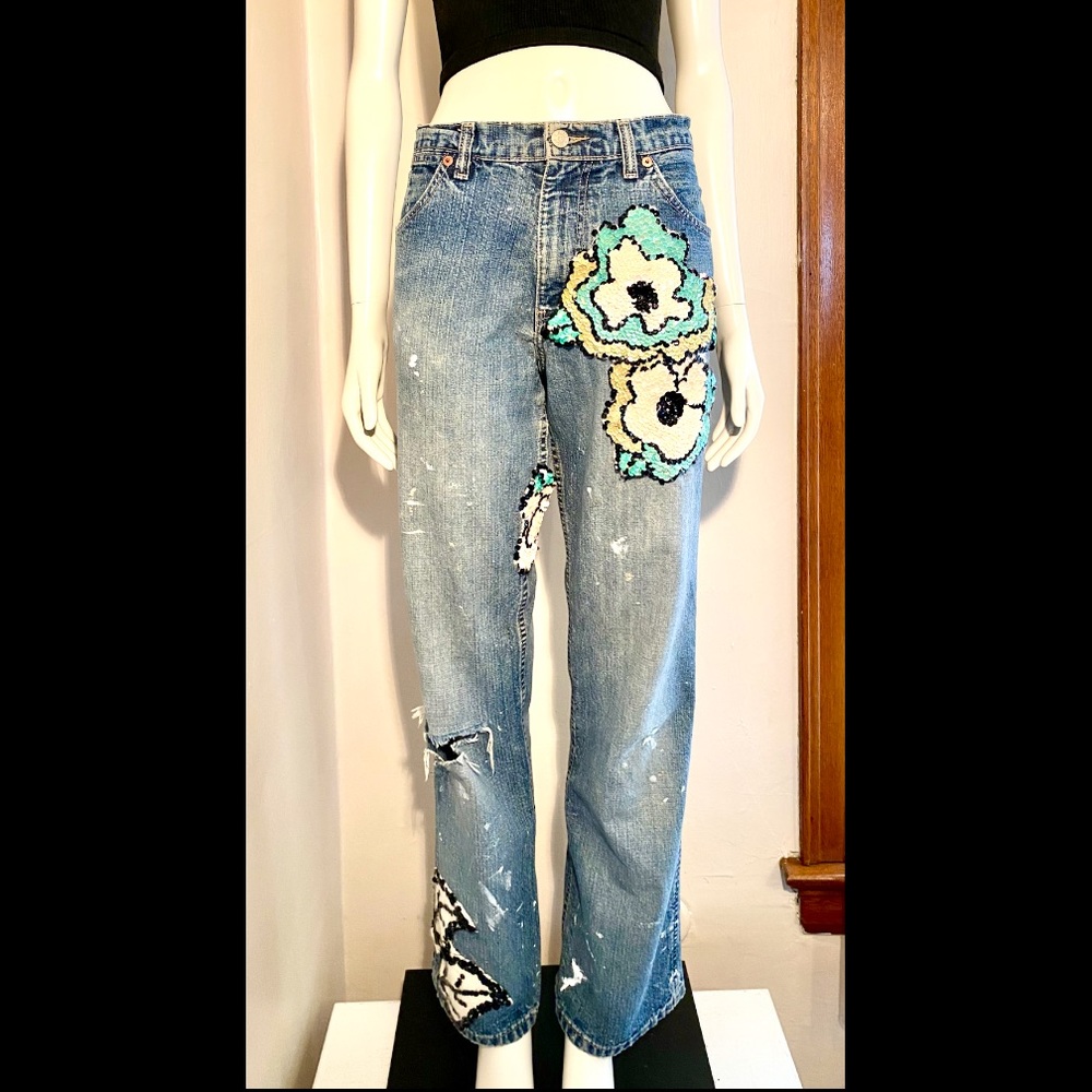 Rustic and Patina Distressed Sequin Jeans